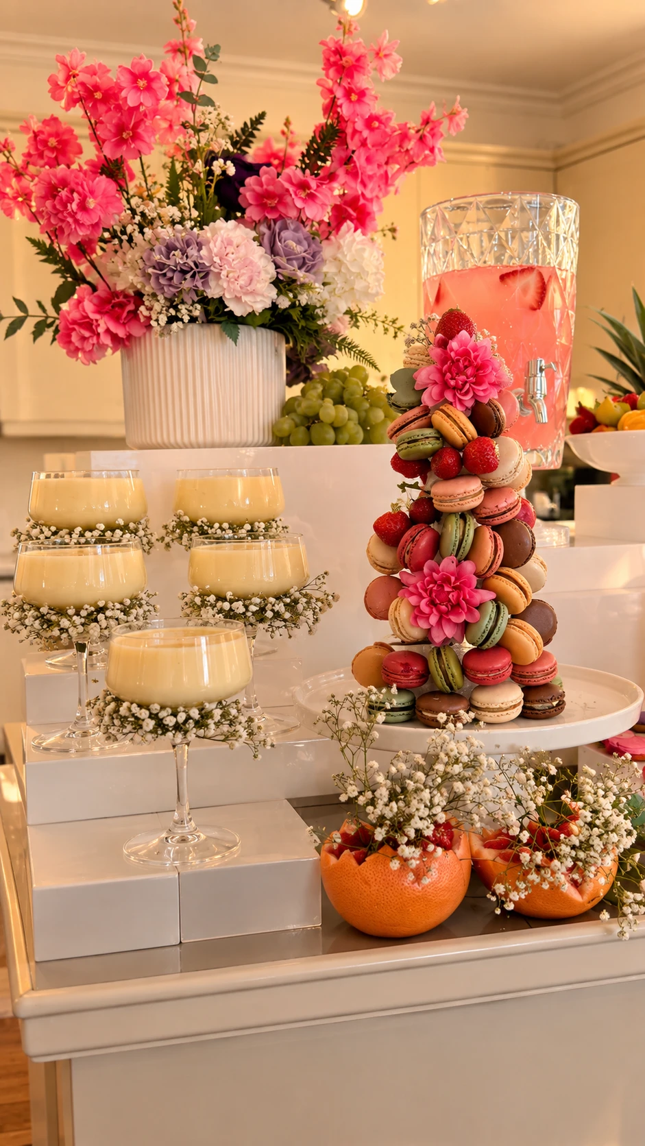 Table dressée : verrines, tour de macarons et fruits